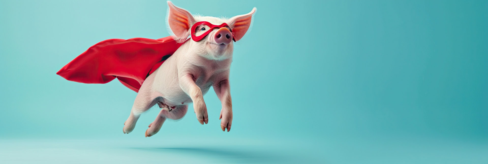 Superhero pig, Cute pink pig with a red cloak and mask jumping and flying on light blue background with copy space.